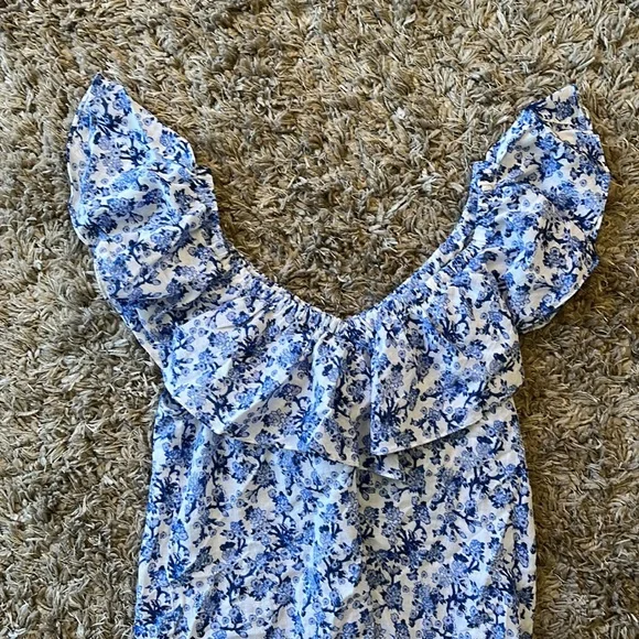 REBECCA TAYLOR Aimee Off Shoulder Blue & White Cotton Floral Top - Picture 8 of 13